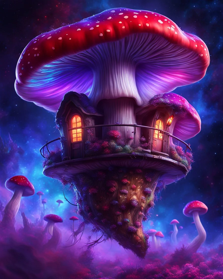 A floating island mushroom house in space. blue purple red cosmic, deep space nebulas. Detailed gloss Painting, bright color, fantastical, intricate detail, splash screen, hyperdetailed, insane depth, concept art, 8k resolution, trending on Artstation, Unreal Engine 5, color depth, backlit, splash art, dramatic, High Quality Whimsical Fun Imaginative, good composition