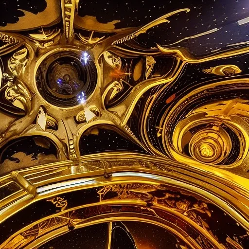 huge ornate spaceship made of brass flying through space, on fire