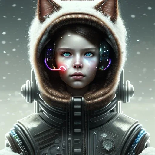 Cyberpunk Portrait of cyborg cat child with brown hair and with cute face, north pole snowy vibe , perfect composition, hyperrealistic, super detailed, 8k, high quality, trending art, trending on artstation, sharp focus, studio photo, intricate details, highly detailed, by greg rutkowski