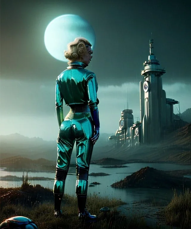 Ultra Realistic retro sci-fi 1960 scene, waist up view portrait, blonde woman, sweet young Marilyn Monroe face, perfect iris, tight latex coat, Strange planet background, Retro sci-fi style latex helmet, fog, rain, soft color, highly detailed, unreal engine 5, ray tracing, RTX, lumen lighting, ultra detail, volumetric lighting, 3d, finely drawn, high definition, high resolution.