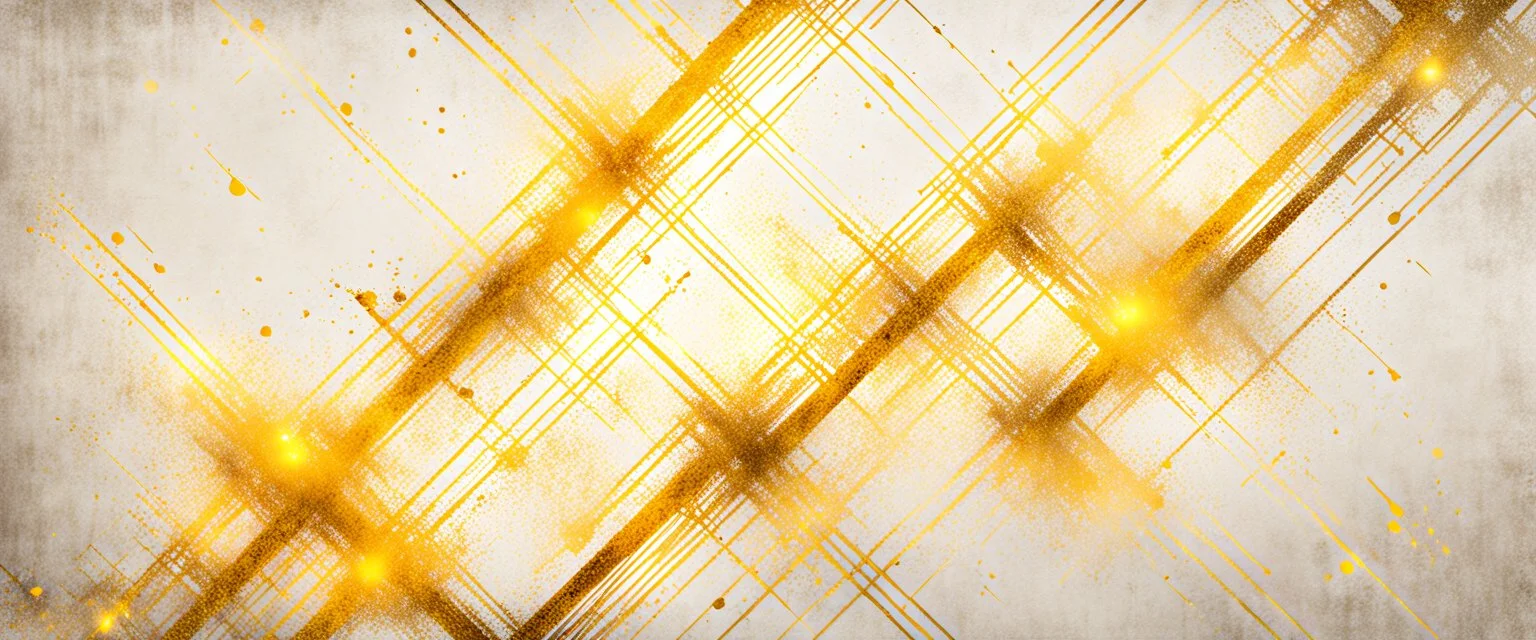 Hyper Realistic Yellow & Beige Intersecting Lines With Glowing Golden Embers On Off-White Grungy Background.