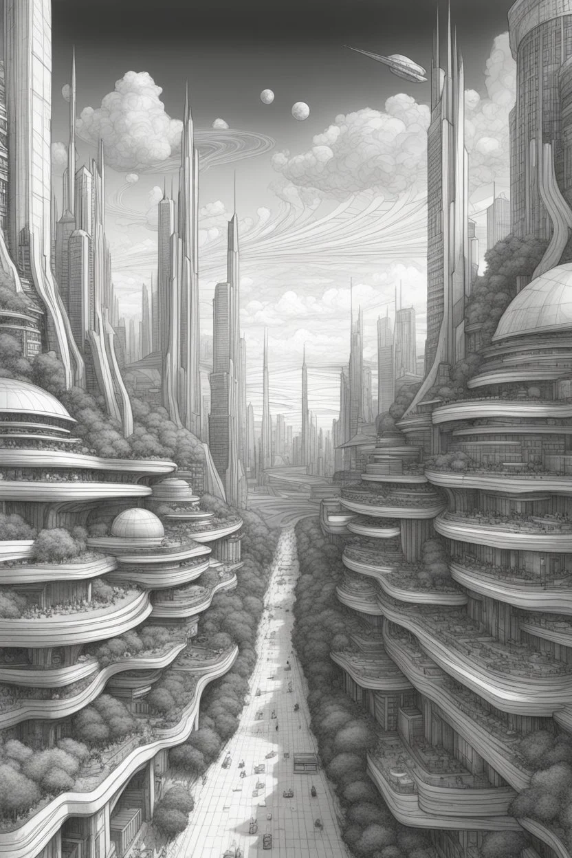 a highly detailed pencil digital drawing of beautiful organic futuristic city in harmony with nature, full screen, fine details and contours, intricate, small minutiae, tiny features, particulars, sharp photo lens, acute outlines, digitally enhanced, least ambient occlusion, sidewalk view from the pedestrian perspective, wide angle camera, volumetric lighting, volumetric clouds, uhd, 8k, vitality colors, for book cover, enscape render, by antoni gaudí