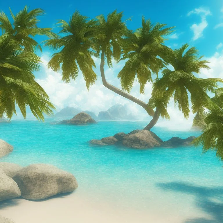 9. Generate an image of a sun-soaked beach with palm trees and crystal-clear water