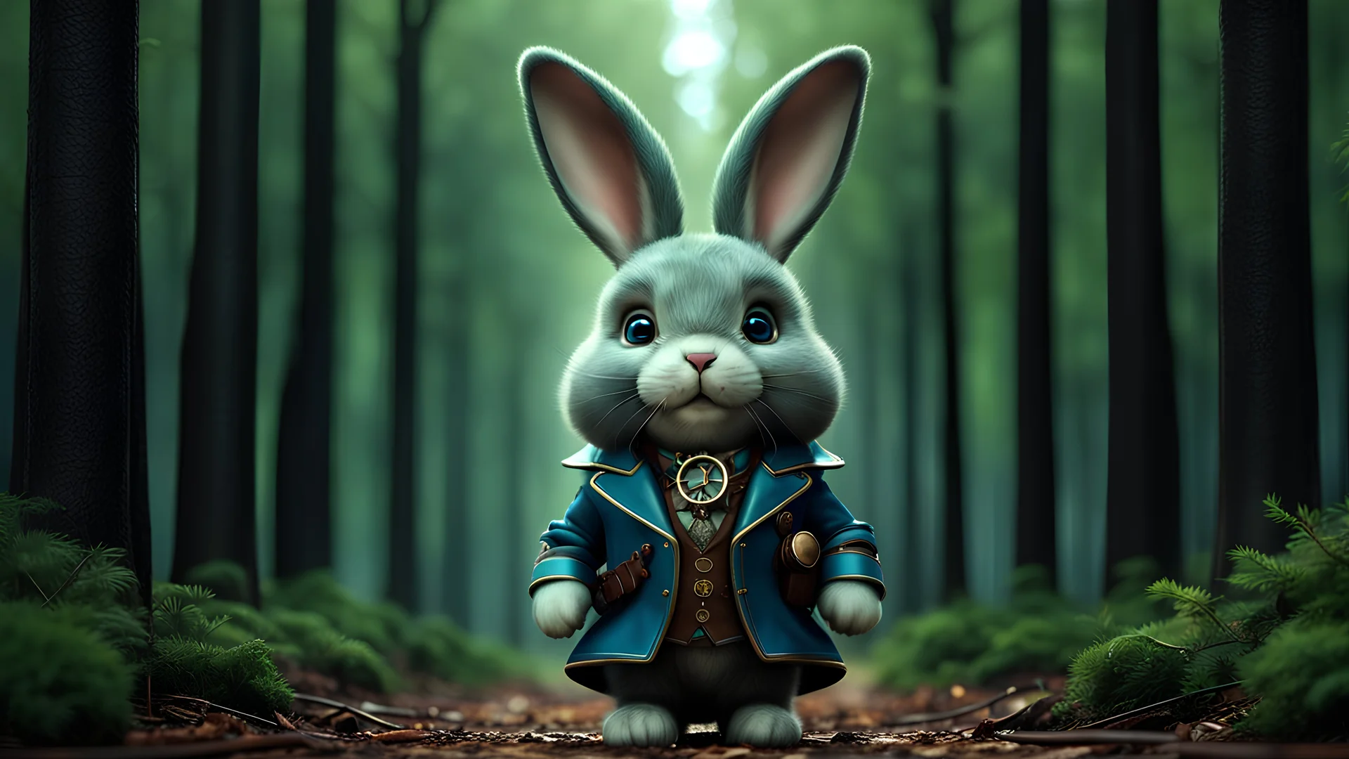 High-end hyperrealism epic cute fluffy rabbit hero placed in the middle length of the forest alley 20 metres away from camera, Steampunk-inspired cinematic photography, symmetry forest alley background, Aesthetic combination of metallic sage green and titanium blue, Vintage style with brown pure leather accents, Art Nouveau visuals with Octane Render 3D tech, Ultra-High-Definition (UHD) cinematic character rendering, Detailed close-ups capturing intricate beauty, Aim for hyper-detailed 8K