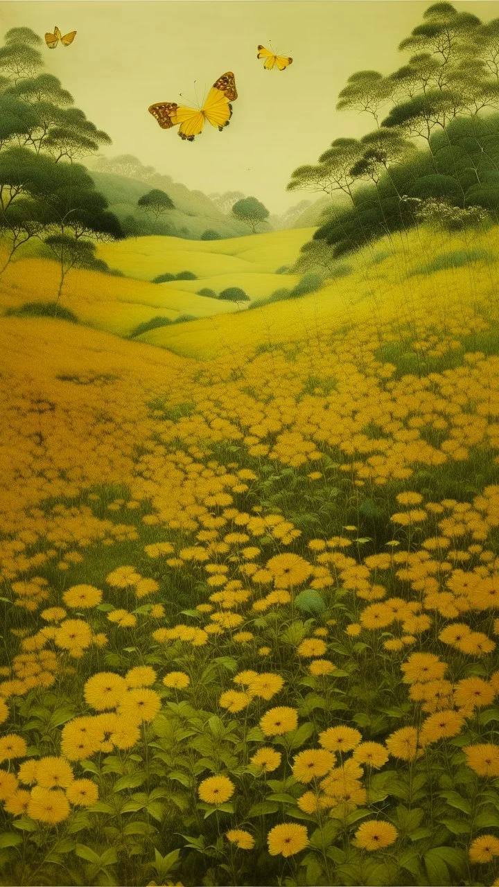 A yellow stinky field with butterflies painted by Qiu Ying