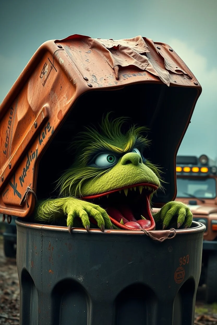 Oscar the Grouch IN LARGE GARBAGE TRASH BIN,GARBAGE TRASH BINside profile, "GARBAGE TRASH BIN IN FRONT" man in super blackscary (autofarm) in movie poster moviestyle horror look. as five headed mouth open, rough teeth, turn head around, landrover crash in background(&*&*^%$^#%$#%$^%$#^#$#^%#$^$#