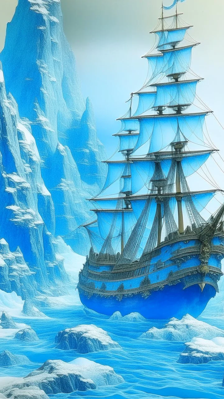 A cyan glacier with pirate ships designed in Ica stones painted by Katsushika Hokusai