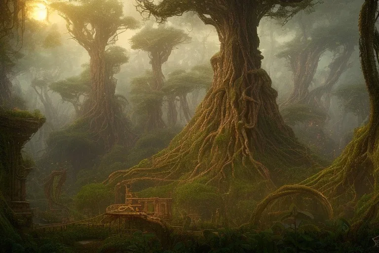 a beautiful and highly detailed matte painting of a wooden elven temple in a magical fantasy garden in a lush forest, celtic knots, ancient runes, knotted trees, tangled vines, intricate details, epic scale, insanely complex, 8k, sharp focus, hyperrealism, very realistic, by caspar friedrich, albert bierstadt, james gurney, brian froud