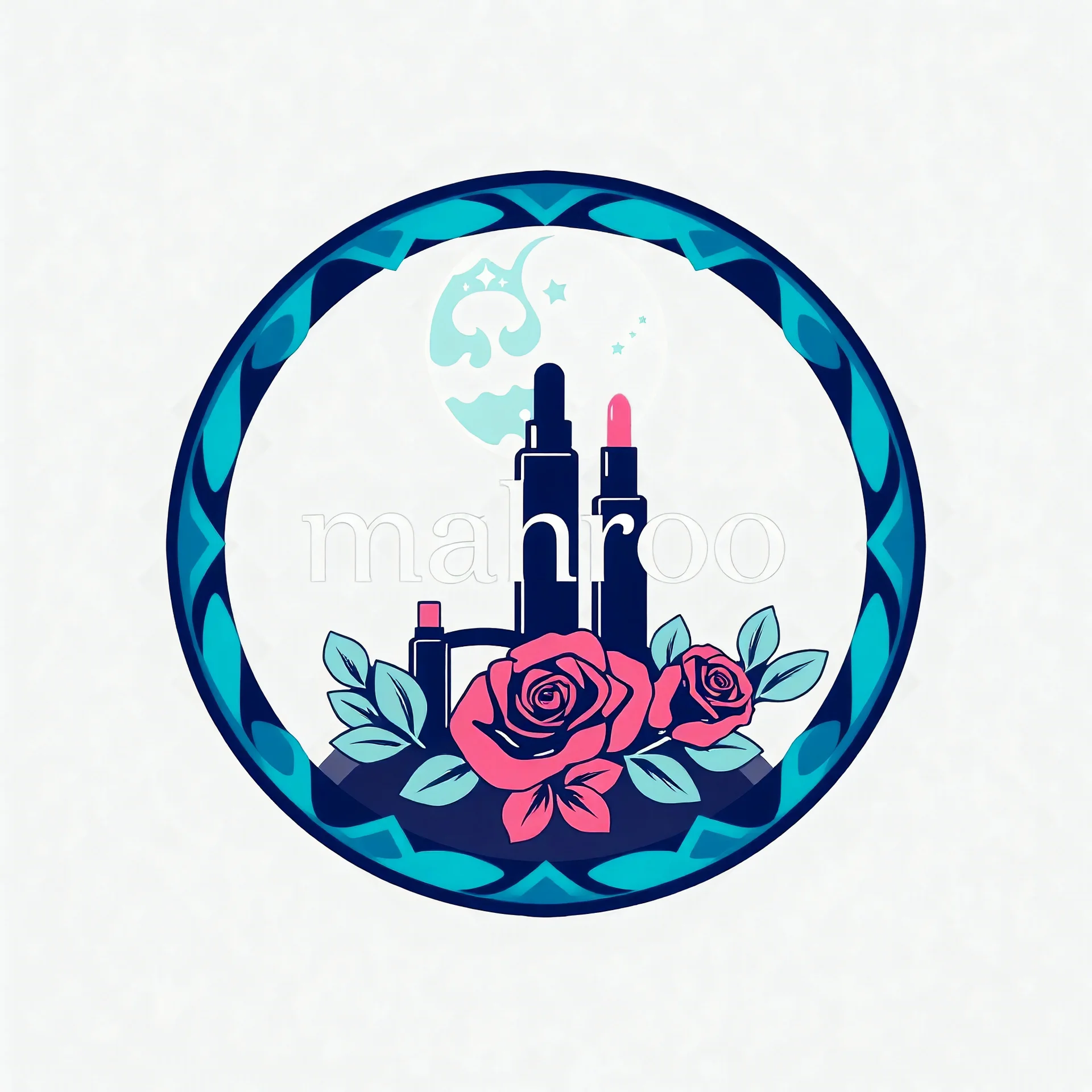 A circular logo with the name (mahroo) designed for a cosmetics store with the symbol of the moon and turquoise and indigo colors and a blue and black circle around the cartouche with cosmetics and nail polish, lipstick, body spray, body spray and rose leaves.