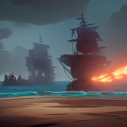 two pirate ships fighting each other at sea. They fire cannons at each other and one ship is hit and burns.