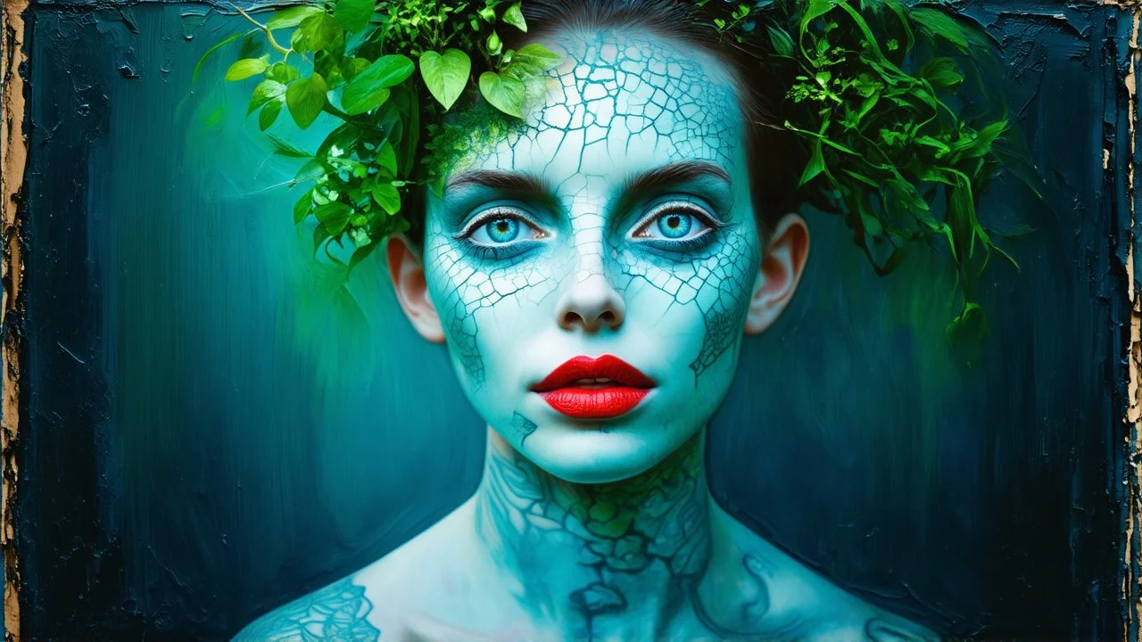 old retro photograph, light vignette, faded, worn and cracked, double exposure, surrealism, female humanoid from another world, red lips, half body, greenish blue pale transparent glowing skin, bald head, plants growing out of head, tattoo on head, alien transparent eyes, double exposure, hyperdetail, double exposure, Anna Razumovskaya, Anna Dittmann, Luis Royo, Neo-impressionism, expressionism, oil painting. Bold, detailed and textured brushstrokes reminiscent of Royo and Peter Coulson. Deep co