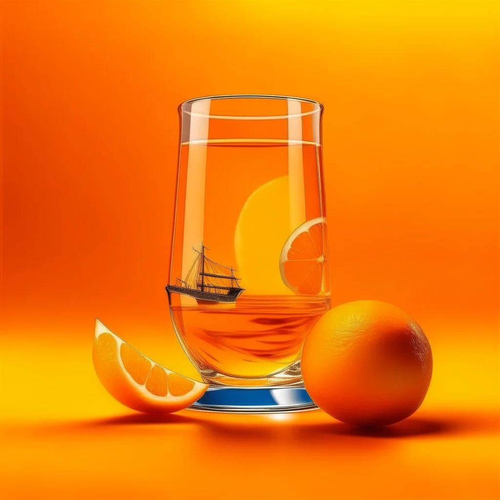 Orange background, a transparent glass orange with a ship swimming in the middle of the orange juice