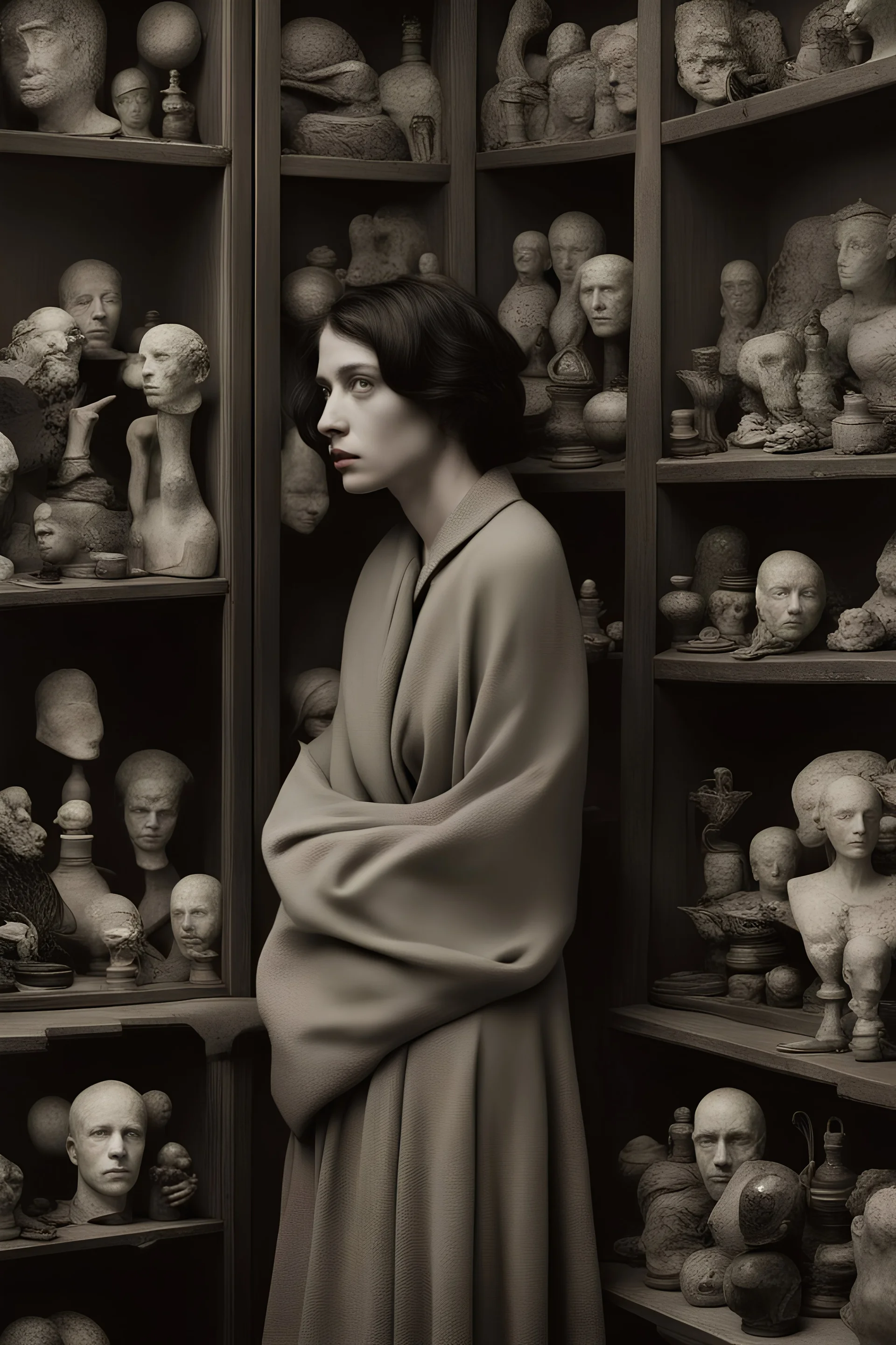 she stands within the confines of a closet, surrounded by a cabinet of curiosities. These evocative creations capture a melancholic mood, photorealist, revealing the inner struggle of a soul torn between her desire for freedom and the weight of her own uniqueness. Shoot by a leica camera by Cartier-Bresson