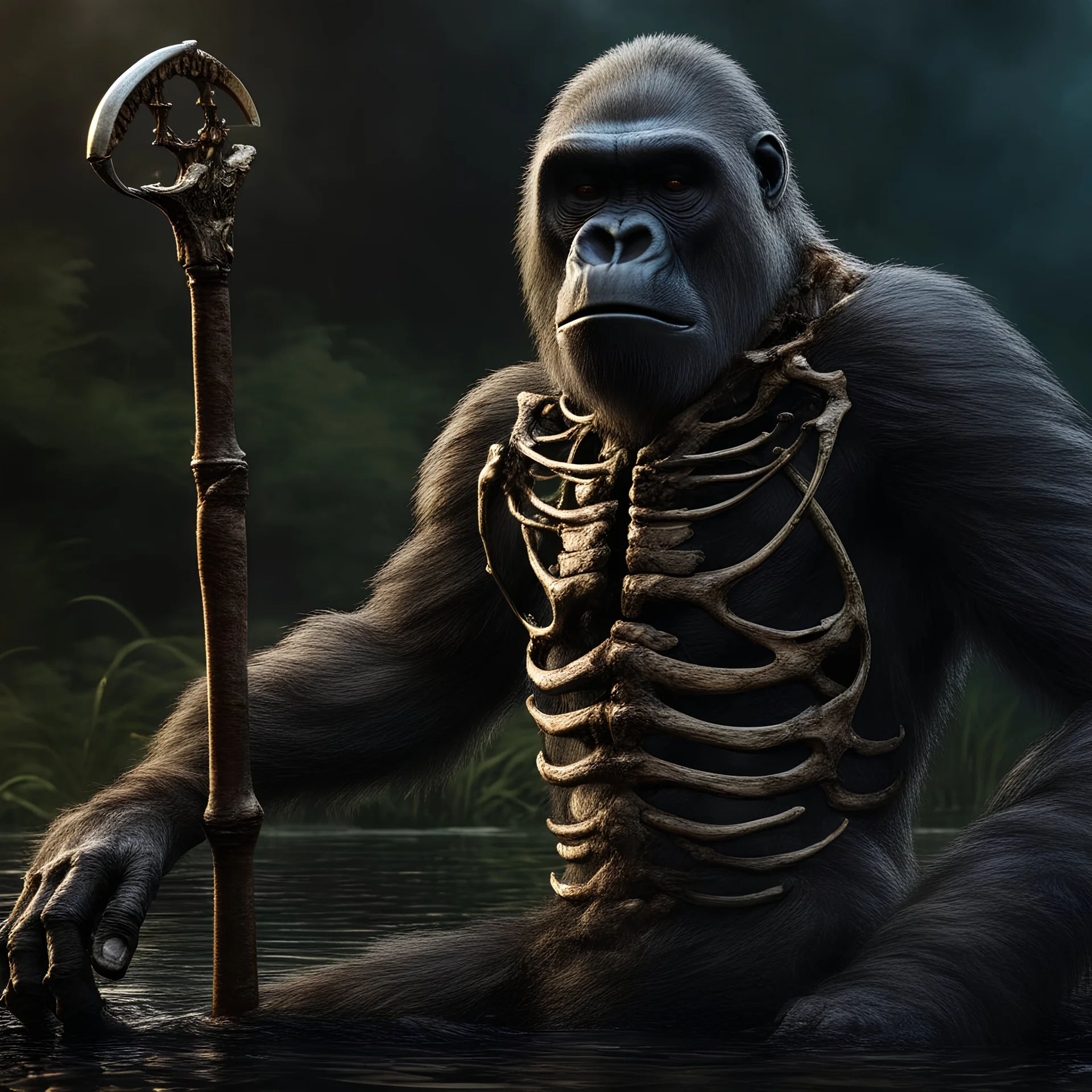 8k dynamic photorealistic A.K.A hyper detailed photograph of a gorilla skeleton holding a scythe in his hand, the skeleton is standing in a swamp , the photo has a filmic look, beautiful and colorful composition with sharp focus