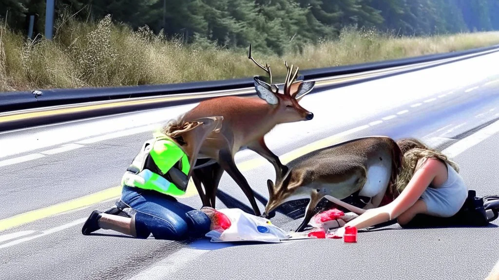 lady giving CPR to injured deer on highway I90