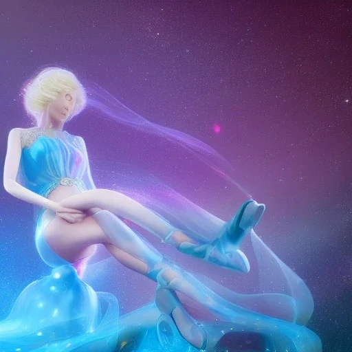 Full body with legs and feet white woman with legs, long blond hair, blue eyes, pink and blue dress in a galactic ambiance, delicate colors in the foreground, full of face details, smooth, light effect，vaporwave colorful, smooth, extremely sharp detail, finely tuned detail, ultra high definition, 8 k, unreal engine 5, ultra sharp focus