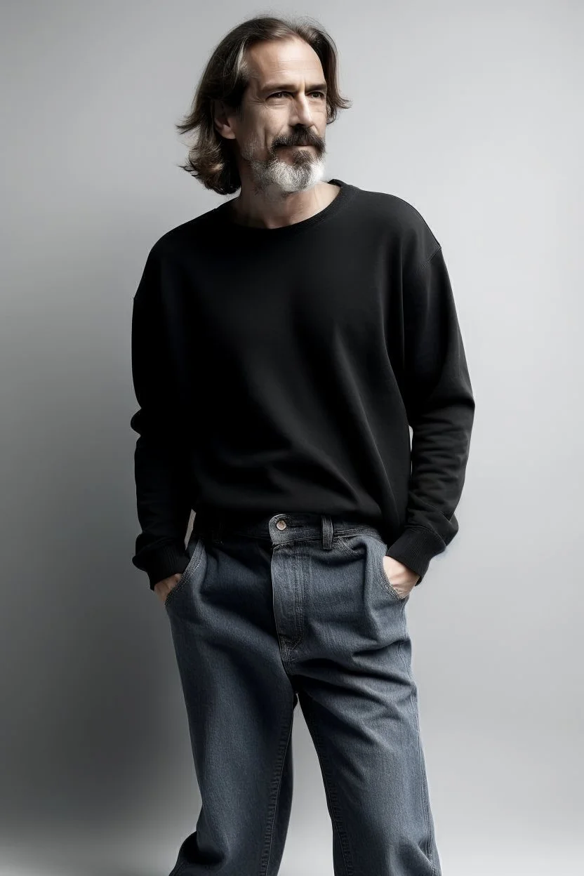 Man's wide leg light jeans and a short black wrapped knitted jumper on a white t-shirt