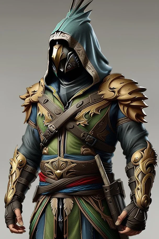 video game character costume inspired by a Kea parrot and Assassin's Creed aesthetic. bird-themed mask protects face. The metallic elements should be in bronzed gold tones. The design should introduce tinted tinted green and blue transitional colors from the bronzed gold to olive color scheme. The hood should have a matte black beak-like tip, exaggerated in shape. character wielding matte black karambit. overall finish should be foresty, wintery, and weathered.