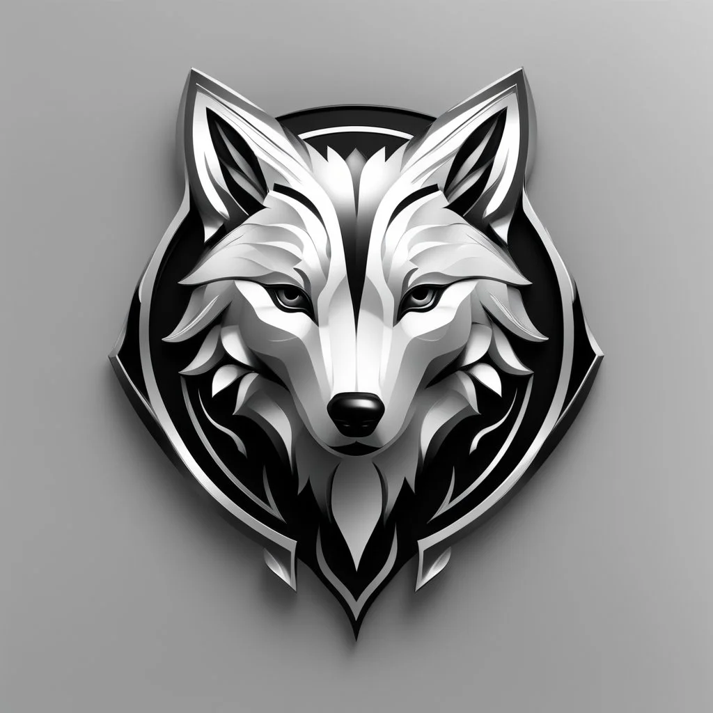 Front logo. 3D. Black, shiny silver and white palette wolf in artistic style, minimalist