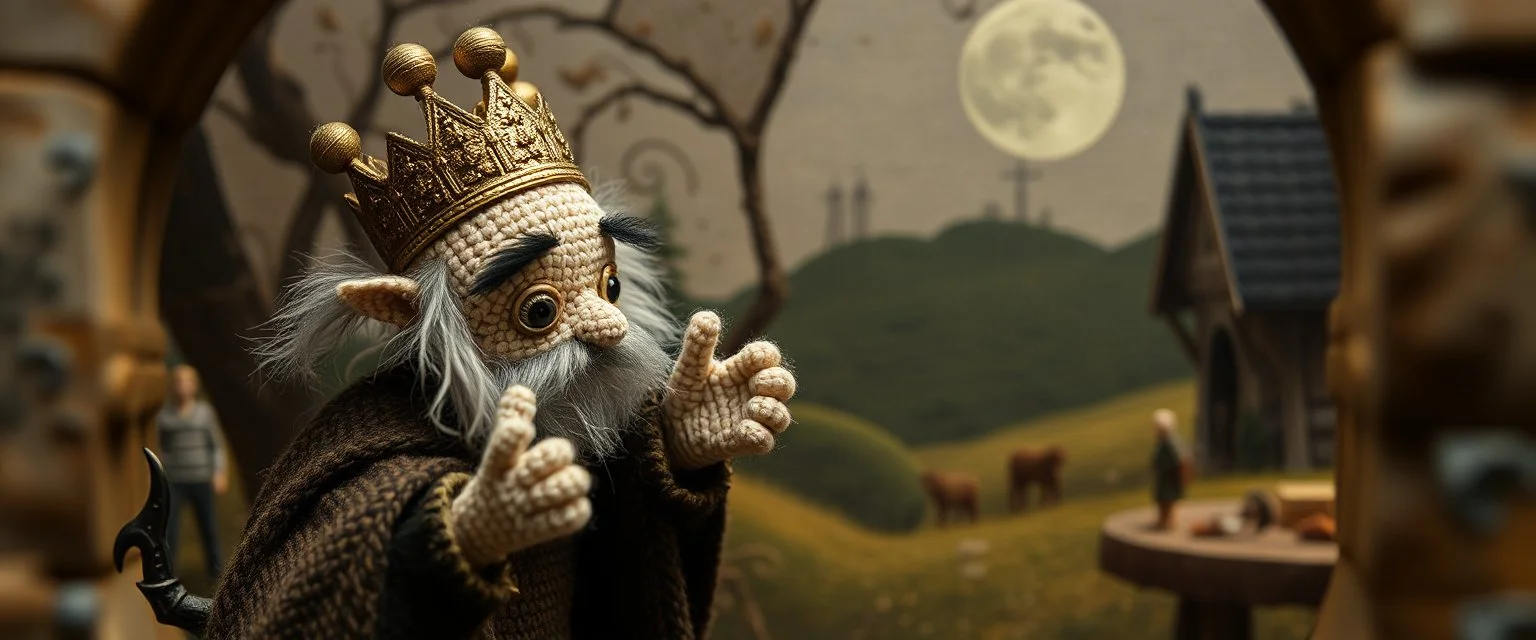 pin hole picture, miniatures on fake scene,master oil painting by Rembrandt, good afternoon disney bitch scary stone age vampire king, close up portrait of a stupid knitted doll trying to explain something weird,