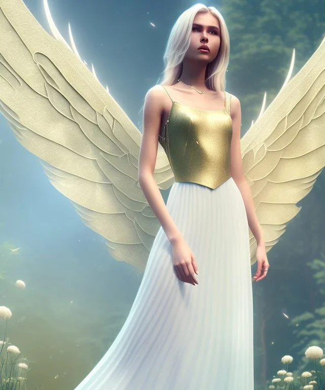 subtle queen, atmospheric, realistic, unreal engine, cinematic lighting, octane render, transparent long dress, blonde, full body, bright wings, smile, long hair