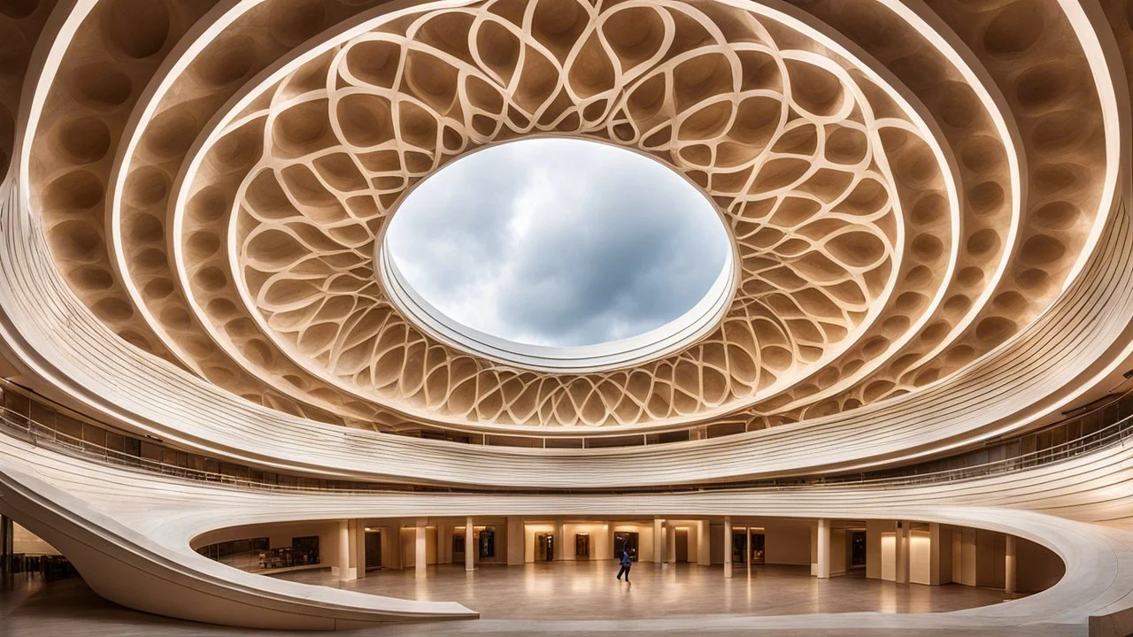 A grand, circular dome building with Lissajous-curve-inspired designs intricately carved into the stone façade. The undulating curves dance across the surface of the building, creating a mesmerizing, fluid pattern. Inside, the dome is supported by circular columns with soft, curving lines, and the ceiling features geometric art that mimics the beauty of the Lissajous curves. Award-winning photograph.