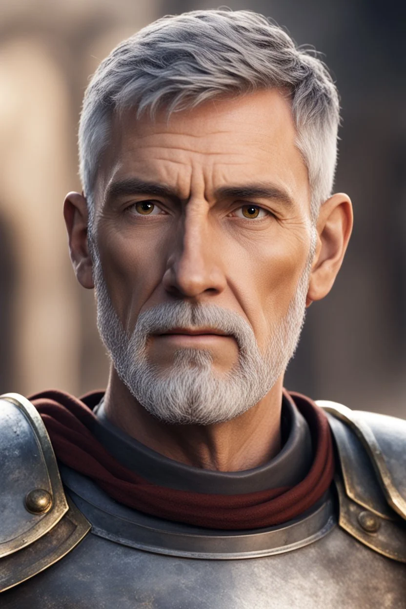 An old male roman legion soldier with brown eyes, short gray hair and a light beard, Roman Legion armor