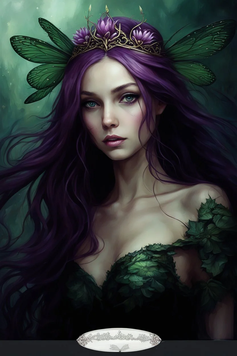 Dark green hair Water lilies long hair lotus night Fairy princess rapunzel hair queen crown dragonflies fireflies elven tiara flowers fairy wings gothic purple