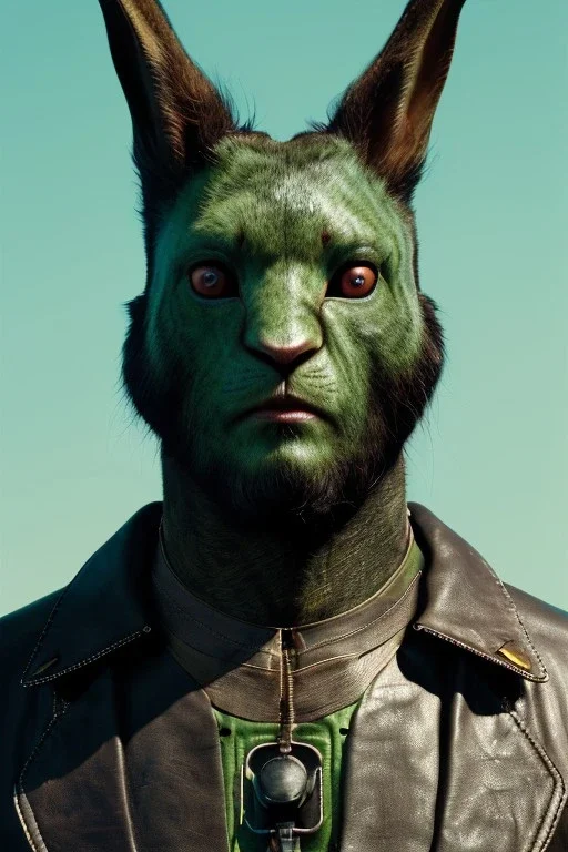 Medium Close Up Portrait, Front image. cyberpunk, rabbit mask, strong man, long hair and beard. Leather suit arm. Green, black, color. camouflage style. Color background, photo studio. Avatar image, highly detailed, concept art, smooth, unreal engine 5, ray tracing, RTX, lumen lighting, ultra detail, volumetric lighting, 3d, finely drawn, high definition, high resolution.