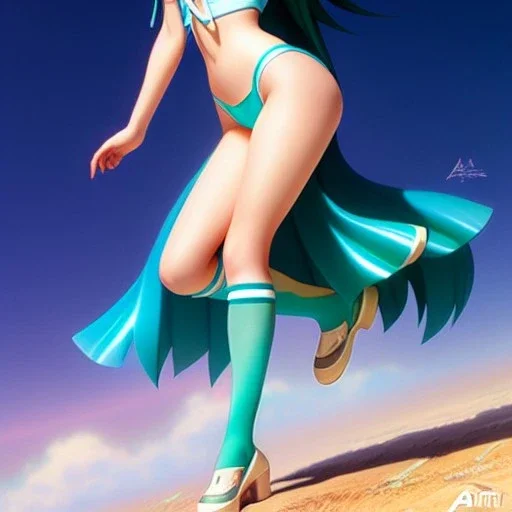 Anime art of beautiful Hatsune miku with beautifel legs by artgerm, ross tran, magali villeneuve, Greg Rutkowski, Gil Elvgren, Alberto Vargas, Earl Moran,, Art Frahm, Enoch Bolles