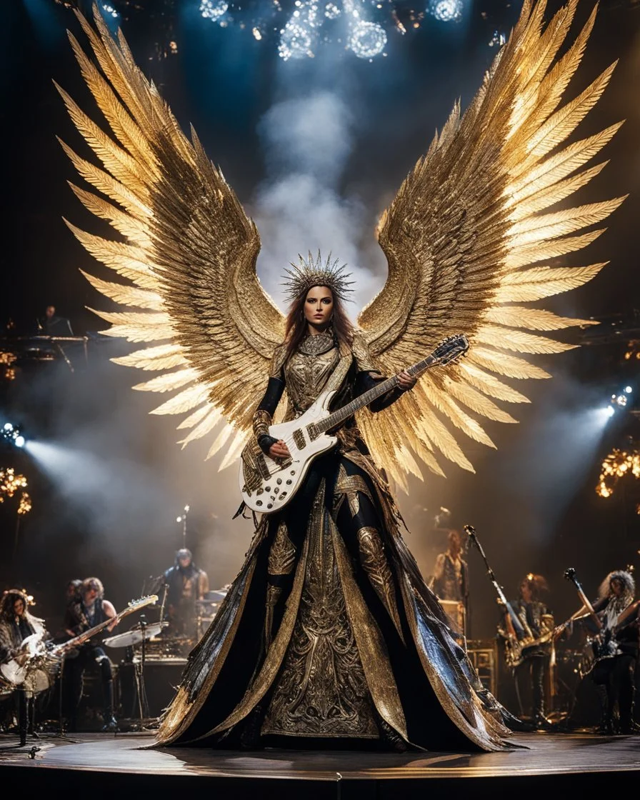 A rock band performing on a spectacular concert stage. The Woman as singer song, which is adorned in ornate armor with wing-like structures and holding an electric guitar, should be placed among other band members. Each member should have a similar fantastical and elaborate style, with instruments suitable for a rock band. The stage should have dynamic lighting, pyrotechnics, and a crowd of fans to enhance the atmosphere of an energetic