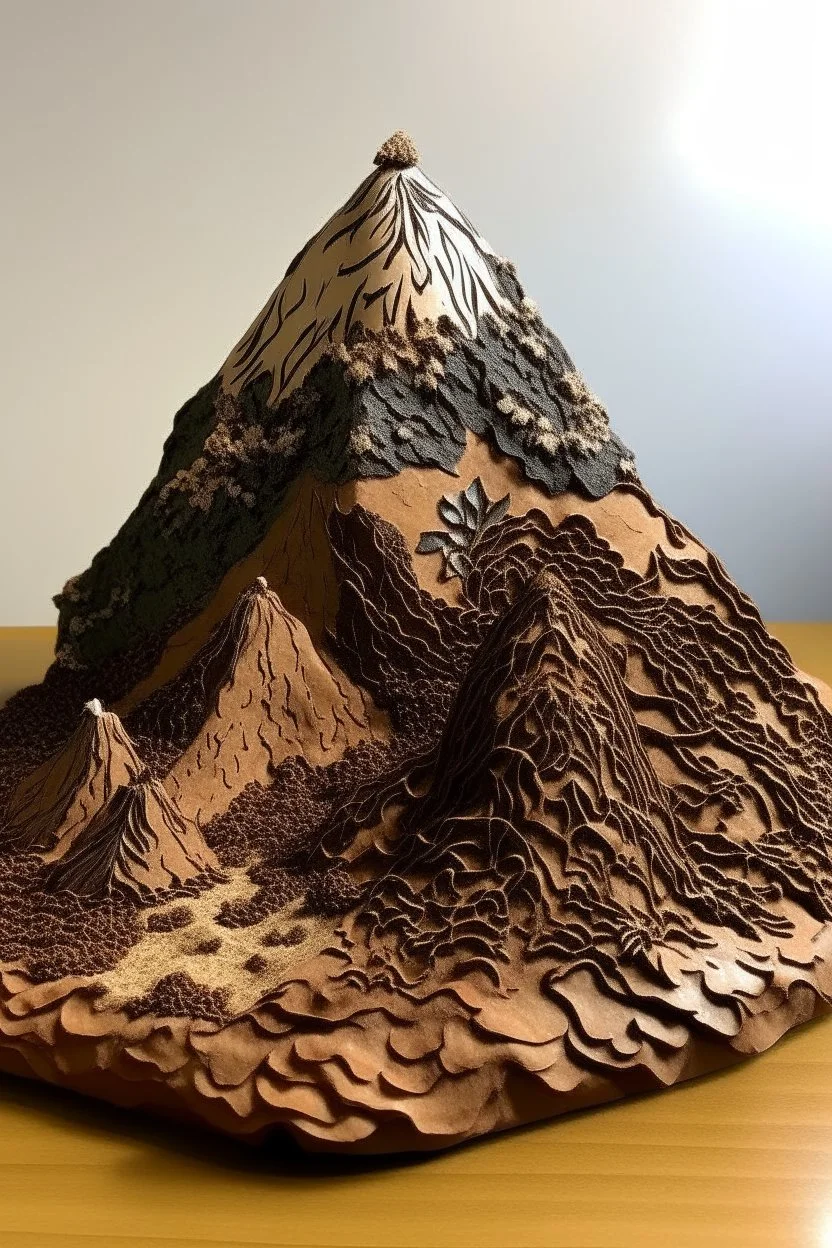 A brown volcanic summit designed in African masks painted by Katsushika Hokusai