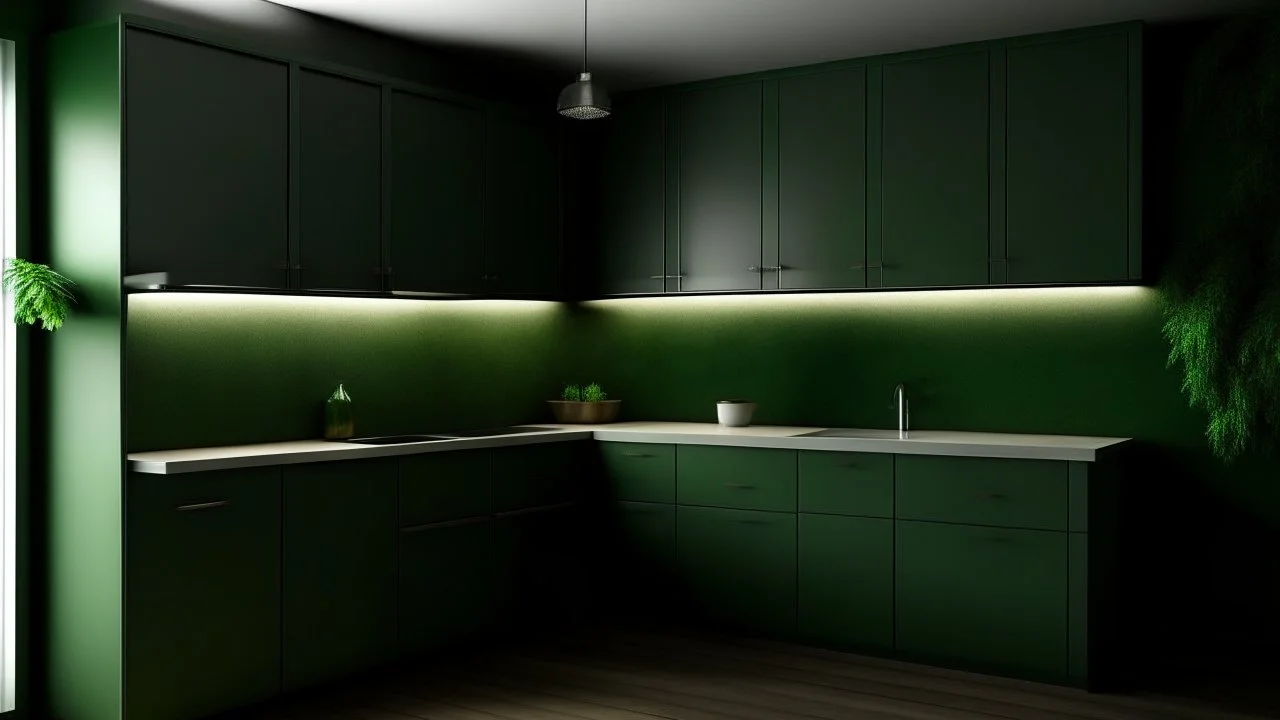 kitchen with dark green furniture, forest wallpaper on a white wall, very realistic