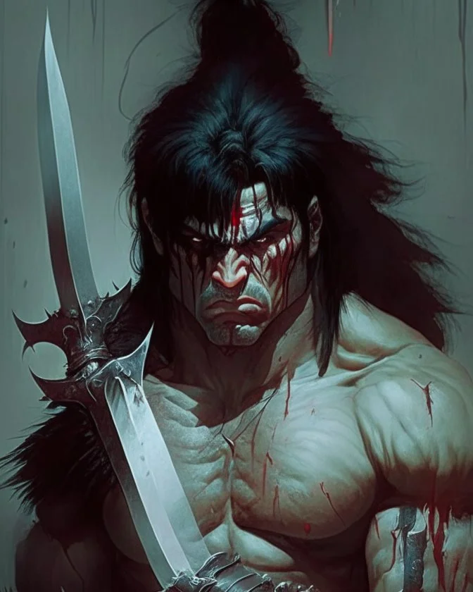 sad human berserker meaty black hair big greatsword