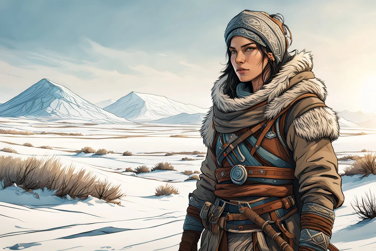 create a sketchy, hand drawn, full body, young, otherworldly lost Siberian nomadic female huntress concept art character, with highly detailed, sharply lined and deeply weathered facial features, outside her yurt in a desolate tundra steppe landscape , in natural winter tundra colors, 4k