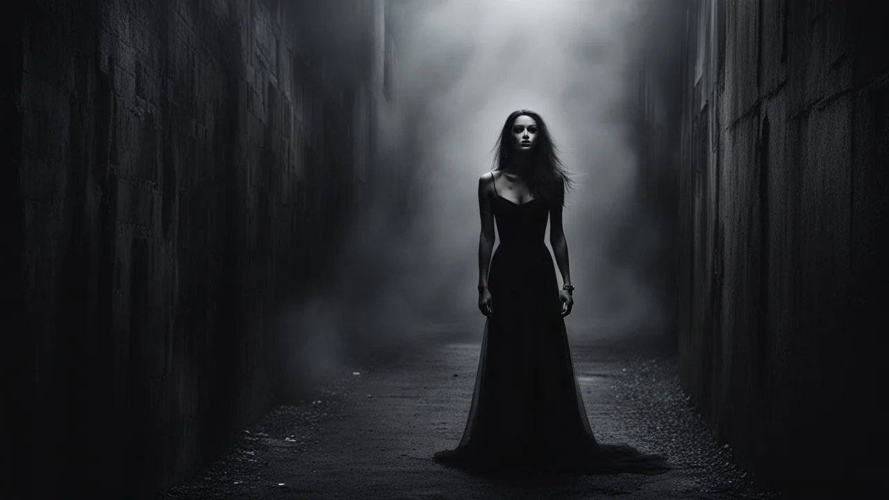 monochrome photo of very blur face pale woman black dress saround her darkness and blur gray fog, back her one black demon shadow hug she, dark gray old wall, darkness around, sad, surreal dark vibe, dangerous, emotional, , dark shadow, dark fantasy, cinematic