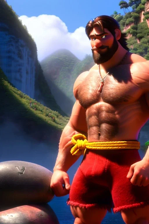 Ignore NSFW, teenager young rugged attractive slightly muscular fantastic handsome man, red briefs with yellow belt, hairy chest, (((visibly pisssing))) briefs, large erect visible boner peniss, photorealistic, artist Jay Anacleto, soft lighting, scruffy beard