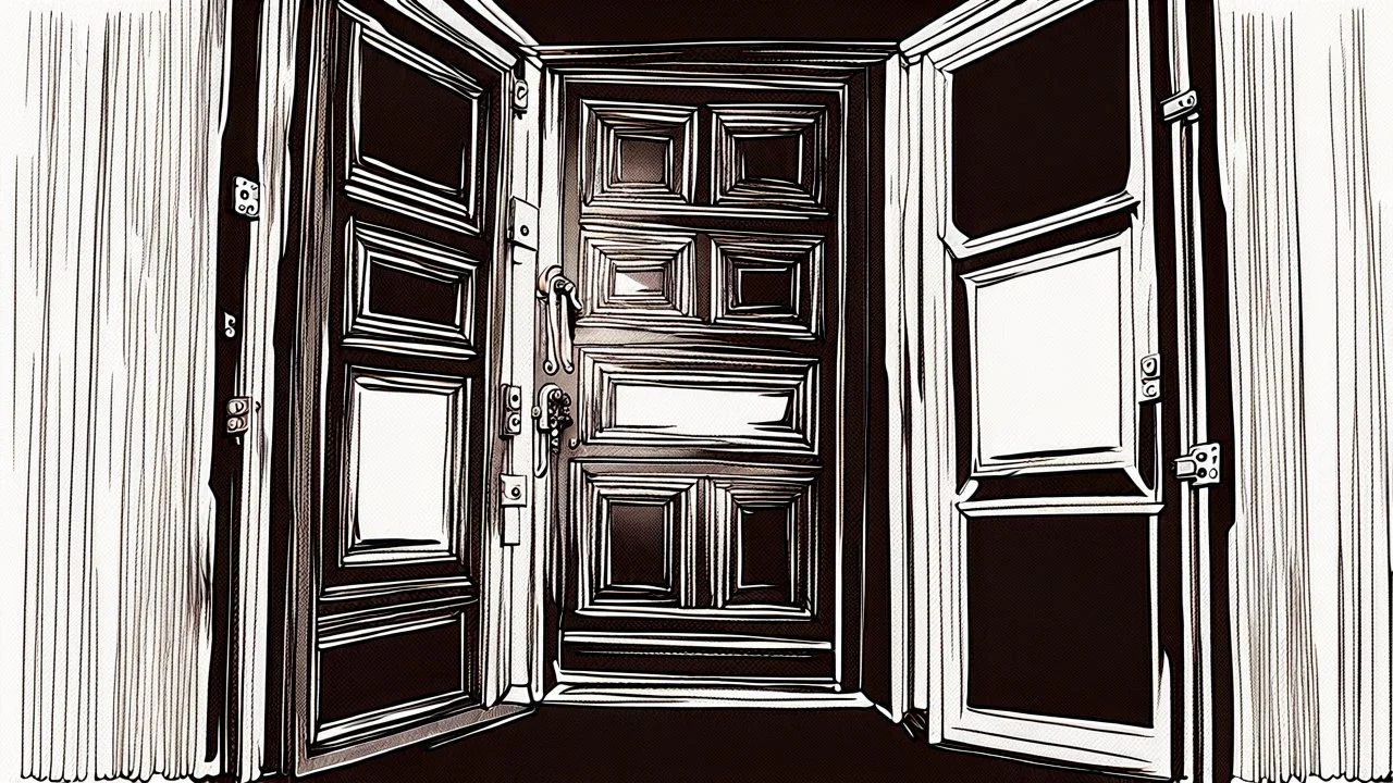 unhinged door, anime, monochrome, black background, ink, simple, maximum quality, broken hinge, barely functioning, centered on frame, far view