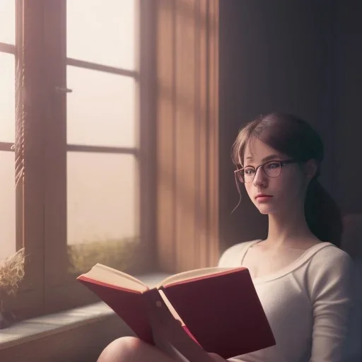 Study girl read a book in by the window, movie, real photo realistic, unreal engine, cinematic lighting --ar 1:1 creative