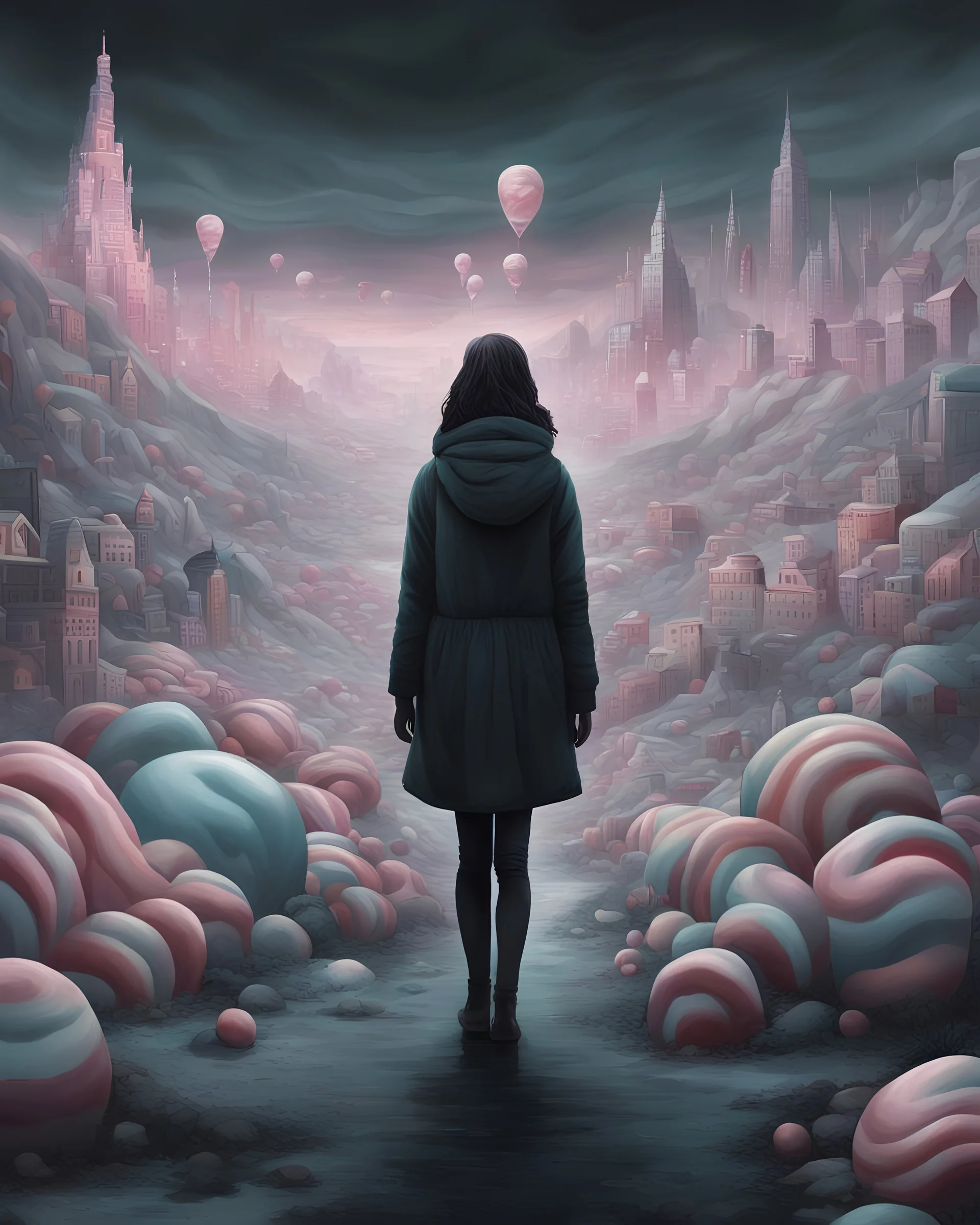 an expansive eerie digital illustration shows a woman (looking at at the viewer:8) and walking towards the camera, chilly dark mood, bare foreground. The model's expressionless face bears the weight of the extreme emotions she has endured to reach this point, her banishment means . Emphasized in the background is a Candyland City, constructed from surreal-looking donuts, cakes, and crumbs