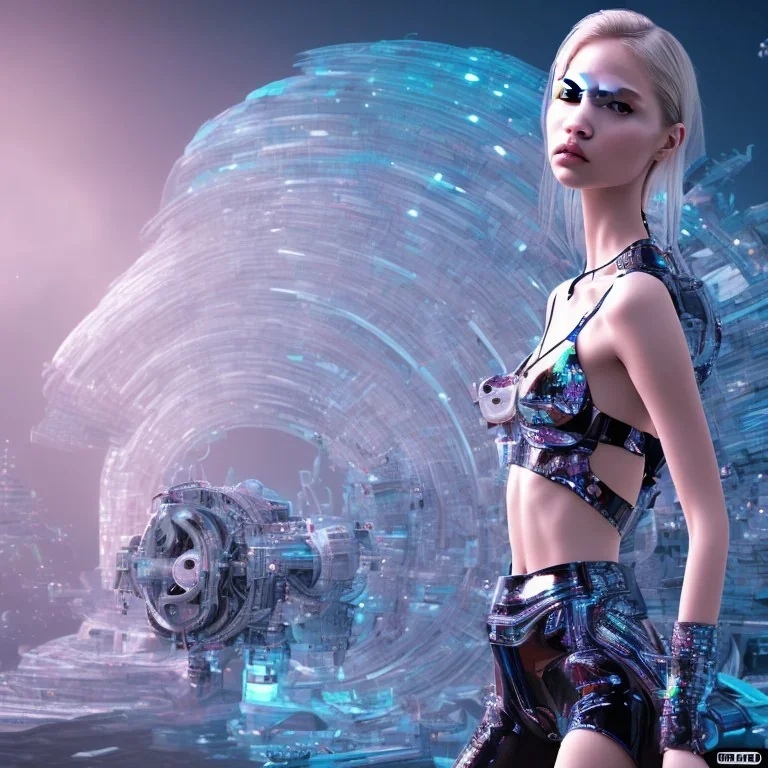 Sasha Luss with a VR headset running in futuristic Edimburgh on chrome water and rainbow sky