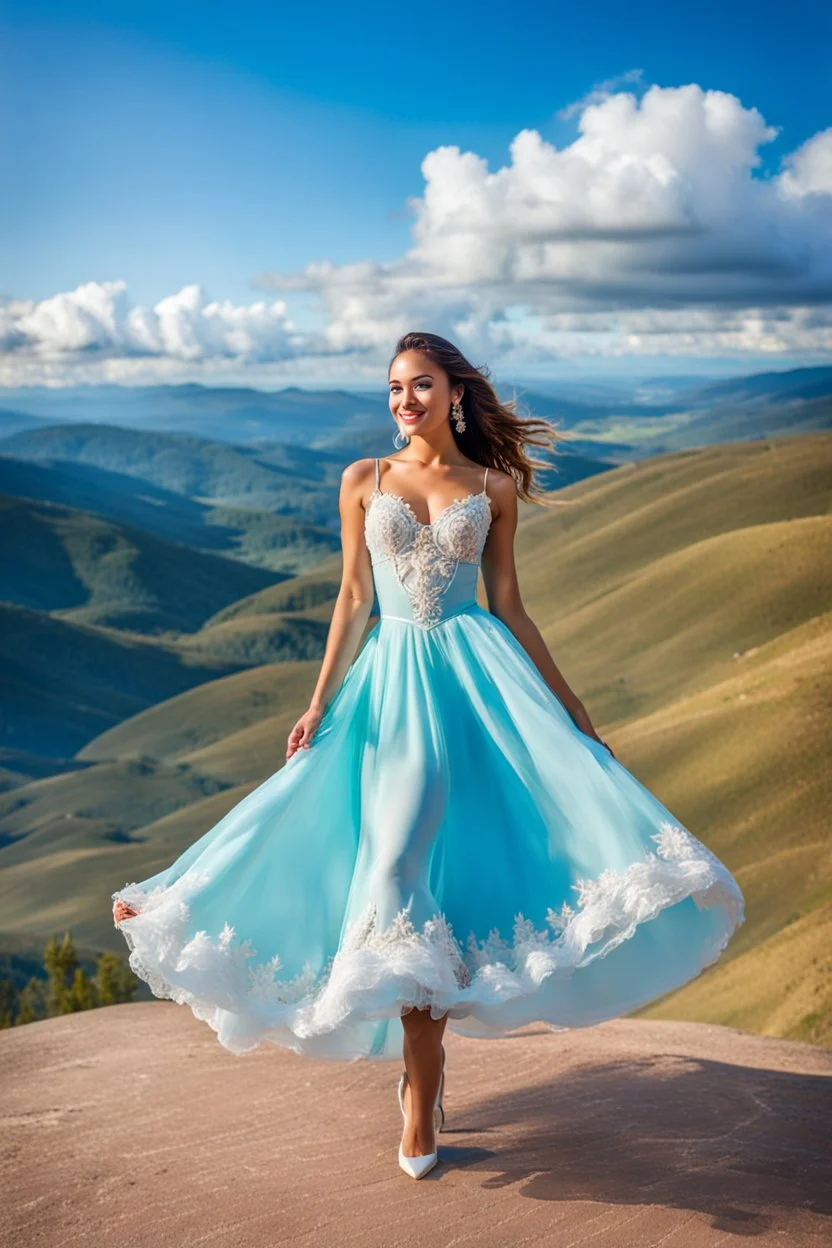 full-body closeup shot of a young, beautiful girl with a perfect face and makeup,wearing pretty dance dress standing in a stage in open air nice hills , blue sky ,pretty clouds at distant