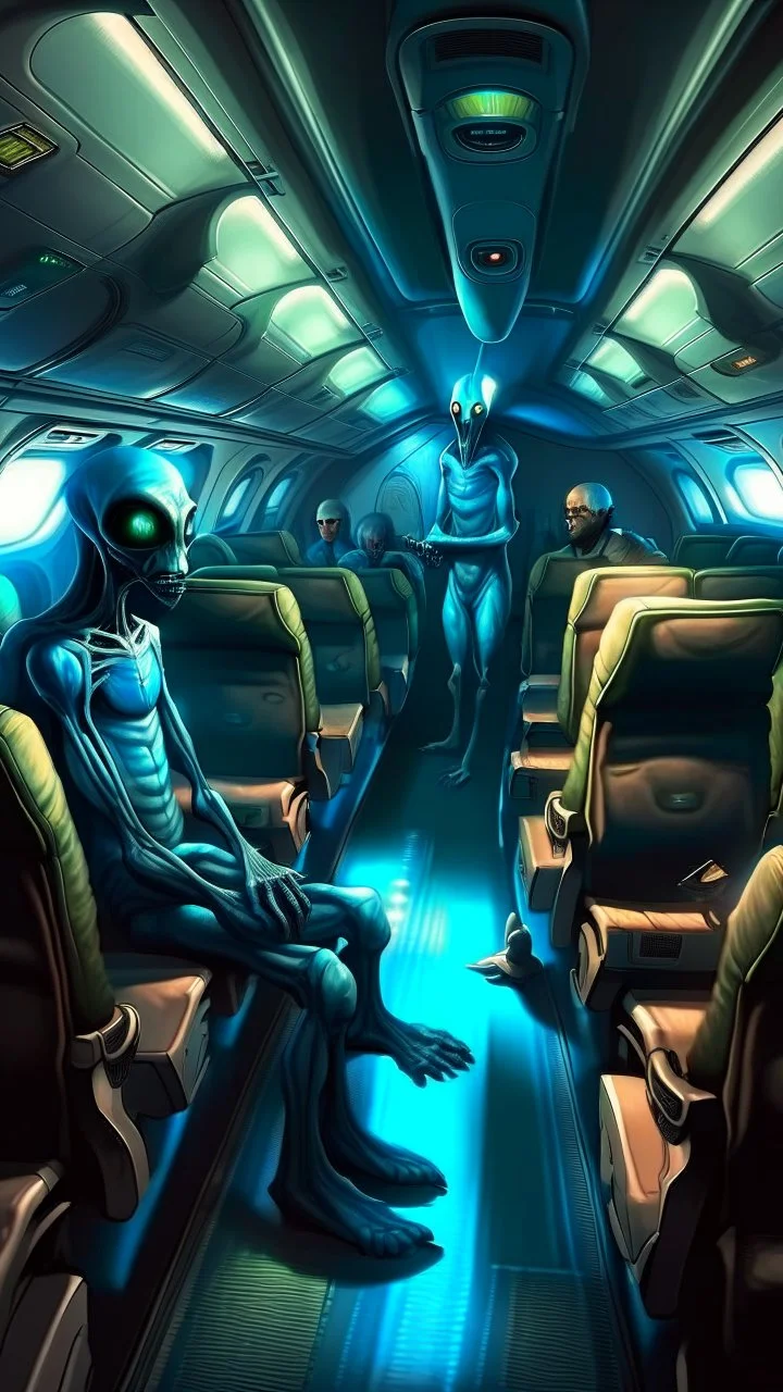 inside a commercial airplane an alien is walking in isle between the seats equipped with scared passengers Bosch painting style