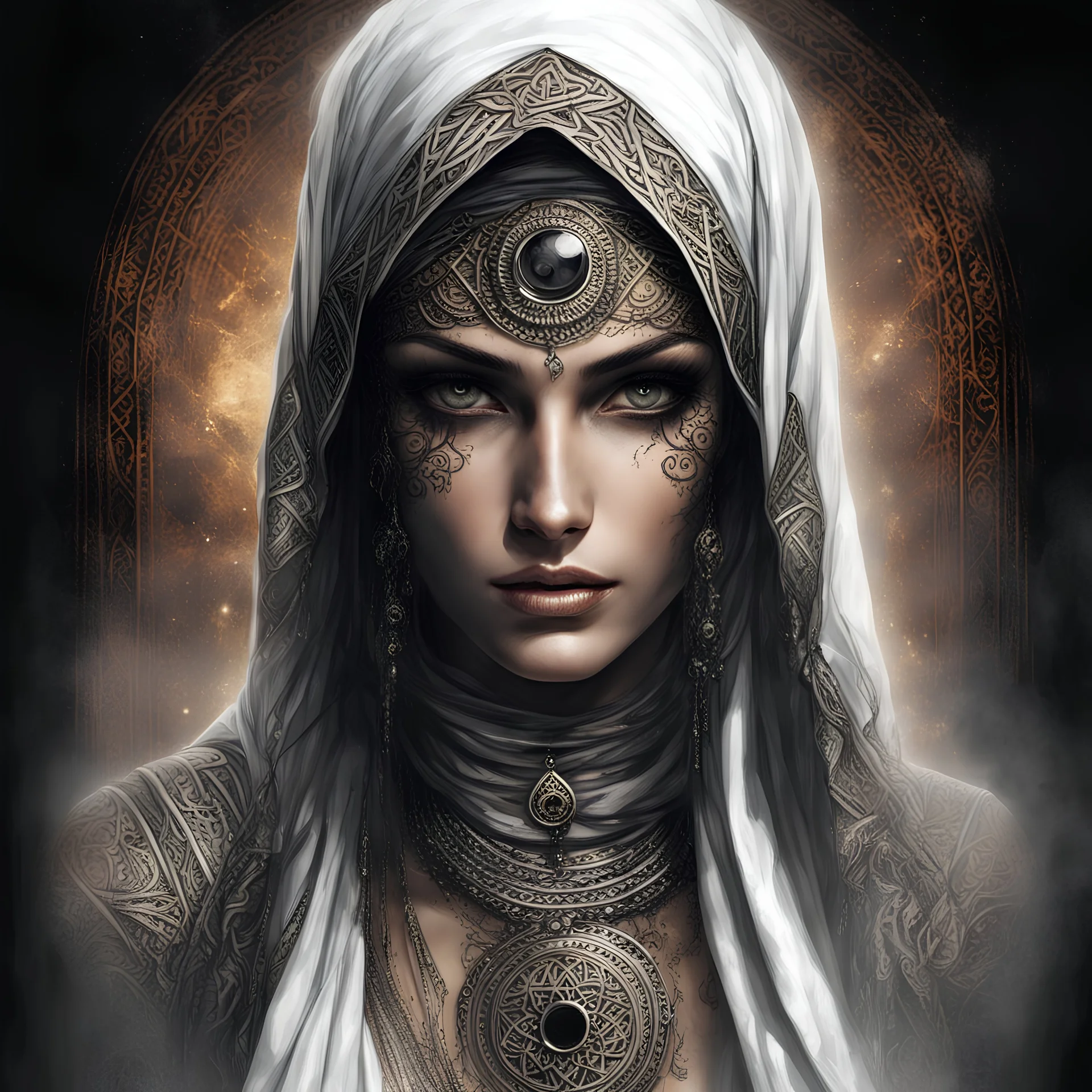 Quick details (((Night))), (((Dark Tones))), (((Black Filter))), (Dark Out), Luis Royo style illustration of a beautiful eye-catching ancient Arab-Islamic figure, (((Slim frame exudes... With confidence and resilience))), Intricate full sleeve tattoo, (quad color combination), 32k resolution, best quality, stare into camera, white light. By LeCrot. (((fully dressed)))