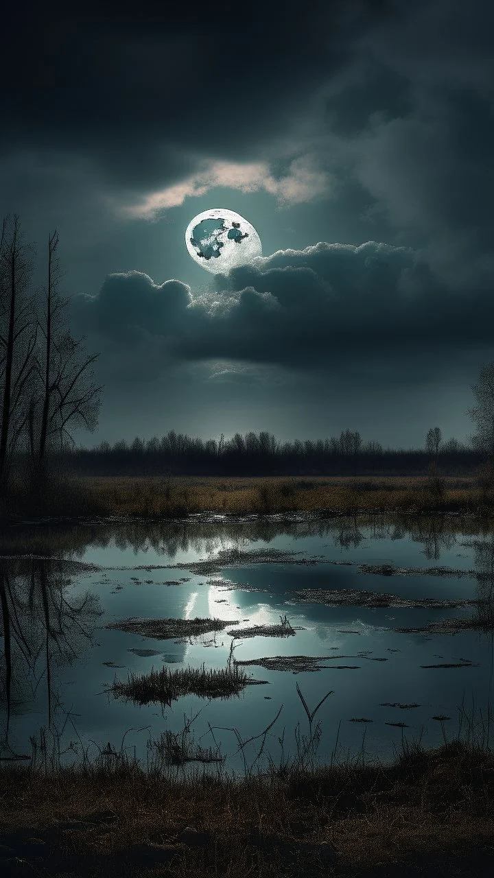 A swamp with dark sky with clouds covering the moon