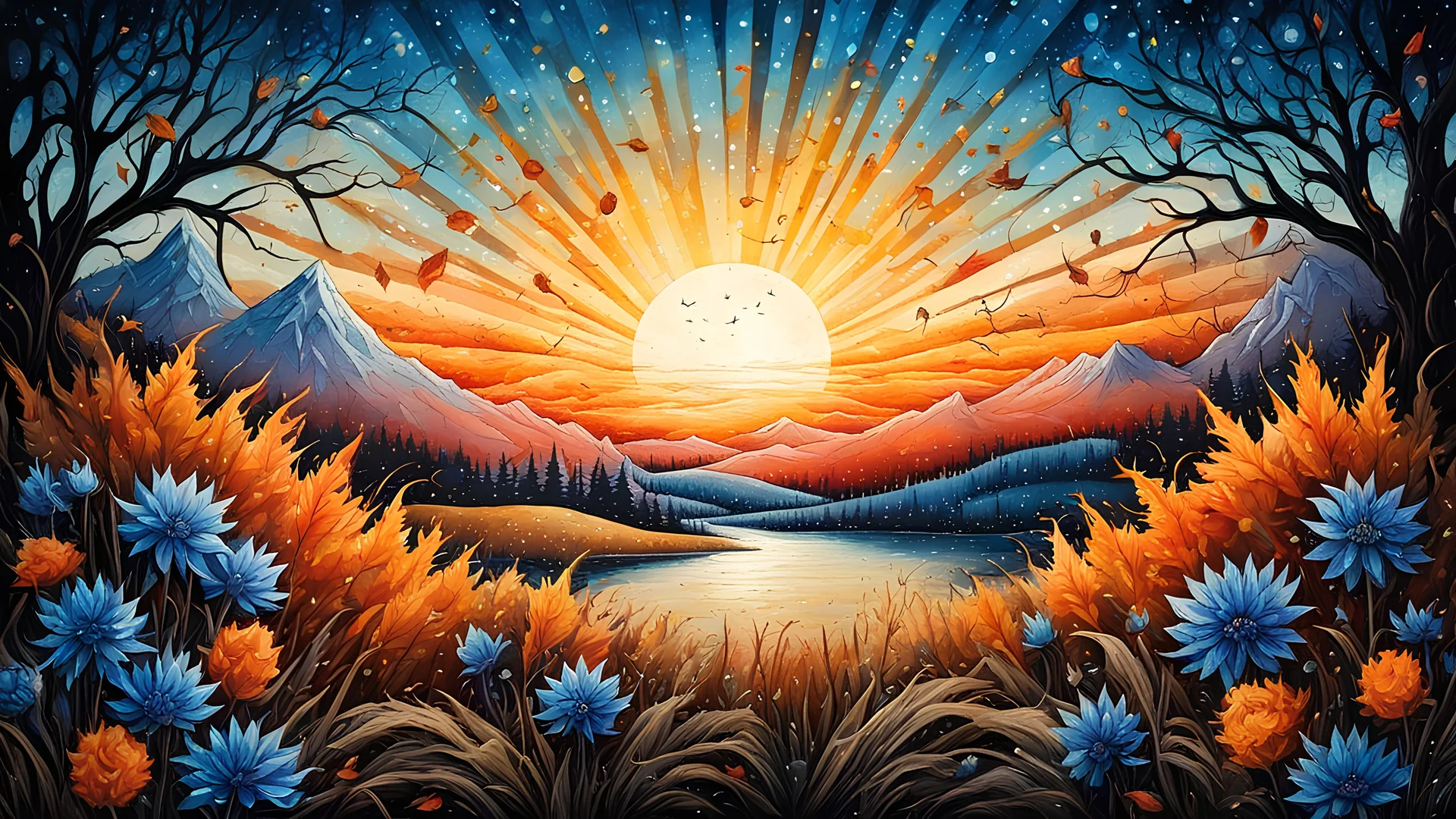 autumn best quality, ink painting, acrylic, cute ice cornflowers, sunrise, by Craola, Dan Mumford, Andy Kehoe, 2d, flat, adorable, vintage, art on a cracked paper, fairytale, storybook detailed illustration, cinematic, ultra highly detailed, tiny details, beautiful details, mystical, luminism, vibrant colors, complex background, centered, symmetry, painted, intricate, volumetric lighting, beautiful, rich deep colors masterpiece, sharp focus, ultra detailed