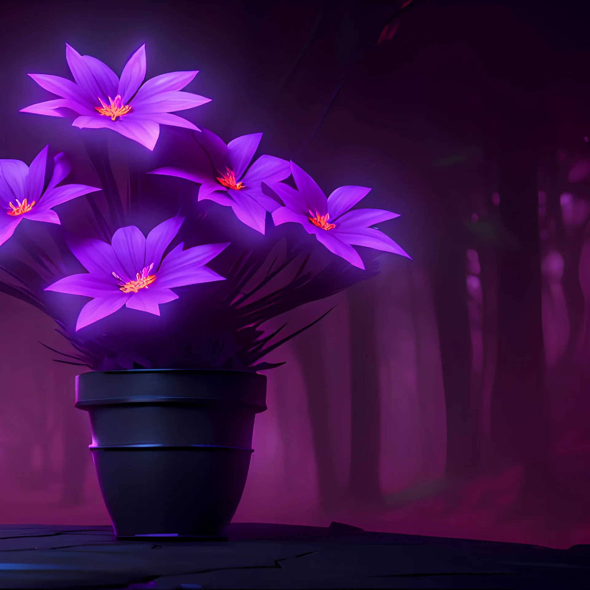 Purple flowers in a black pot, flashy colors, in a forest background, 8k,unreal engine, very detailed, cinema 4D