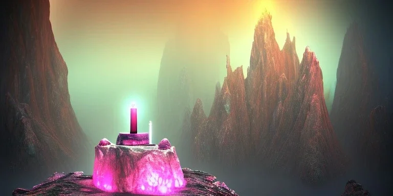 single pink crystal, on an altar in a foggy cave, cinematic,