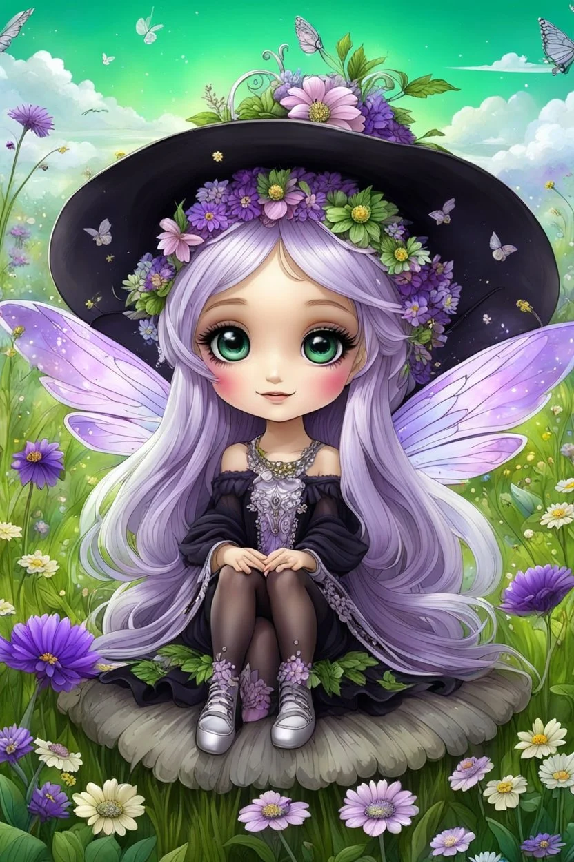 cute happy fairy girl with little wings and rounded ((purple eyes)), big long silver hair, sitting her nice hat a tiny black (kitty with green eyes) , chibi, 3d anime character, detailed, fantasy style, nice picture in the big meadow with pale colors flowers