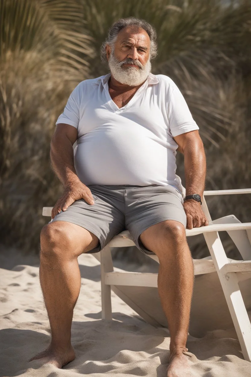 full figure shot photography of a tired strong muscular chubby hairy burly 55 years old ugly marocan carpenter, big nose, bullneck, beard, short hair, manly hairy chest, bulging white shorts, bulge, emotive eyes , relaxing on a chair on the beach in the sun, big shoulders, side light, sweat and wet, ground view angle , front view